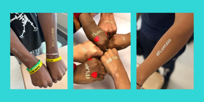 three photos all showing different arms with temporary tattoos that say "flawless"