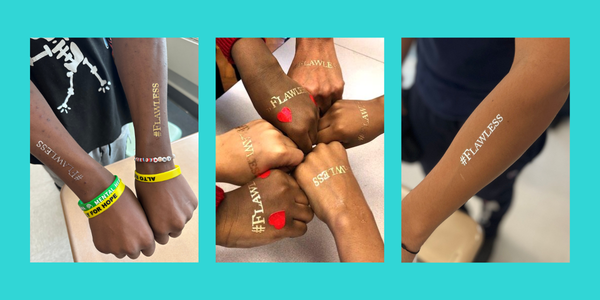 three photos all showing different arms with temporary tattoos that say "flawless"